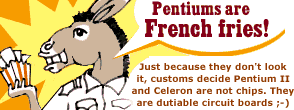  Pentiums are French fries! Just because they don't look it, customs decide Pentium II and Celeron are not chips. They are 'dutiable' circuit boards ;-)